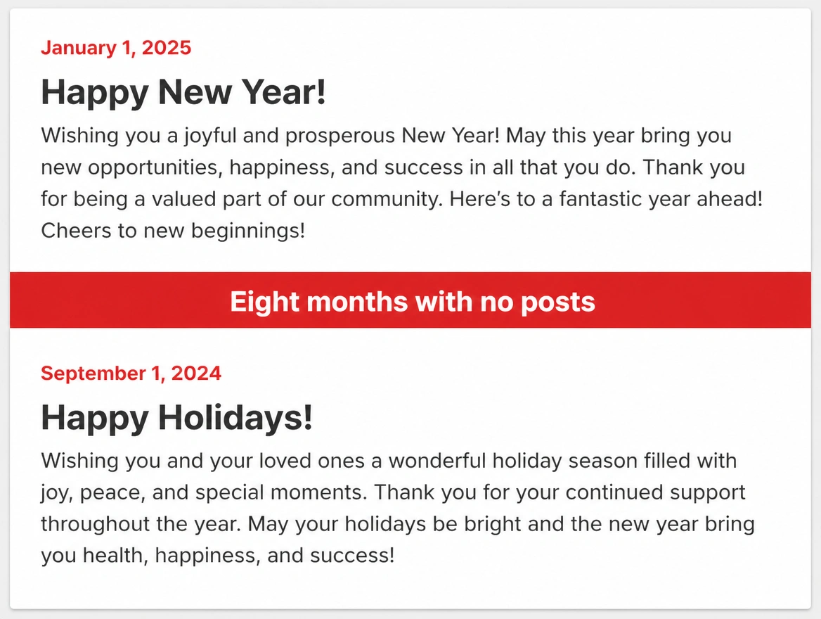 A profile posts list holding two holiday greetings with the eight month gap between them in red