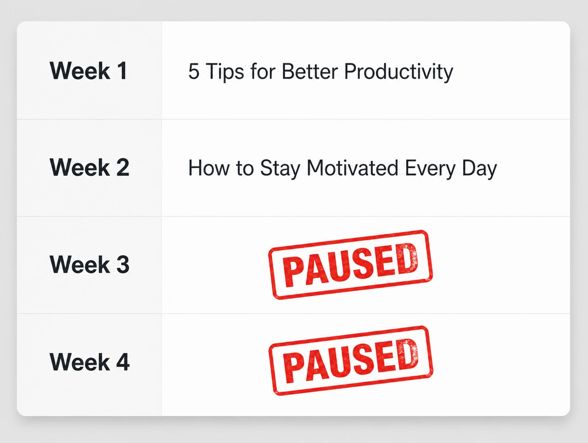 A posting schedule whose last two weeks are blank under a red label reading paused