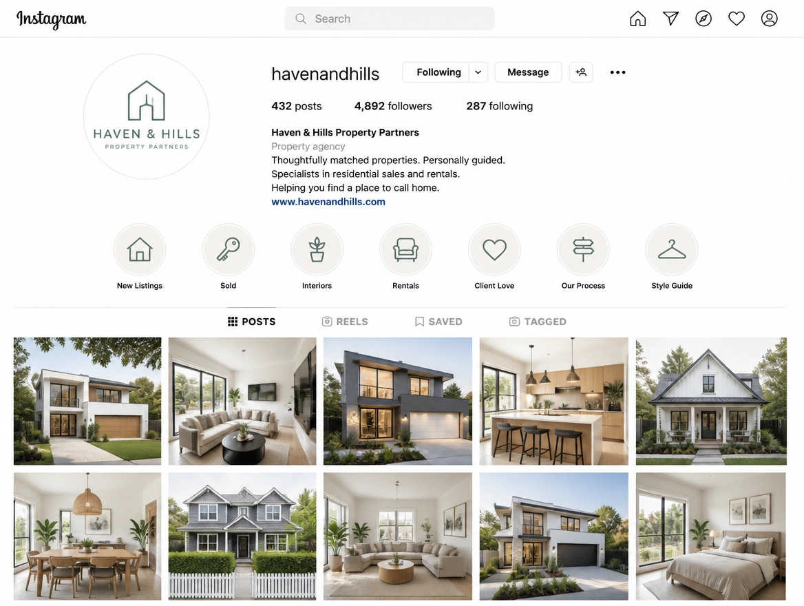 An Instagram business profile for a property agency with a full grid of recent property posts