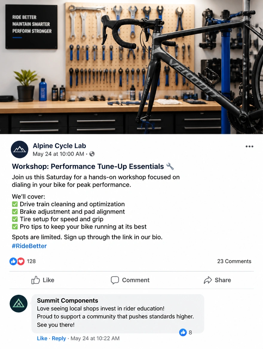 A social post from a cycle workshop with its caption, likes and a comment from another business