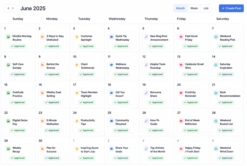 A monthly content calendar with a social post planned and approved on every day