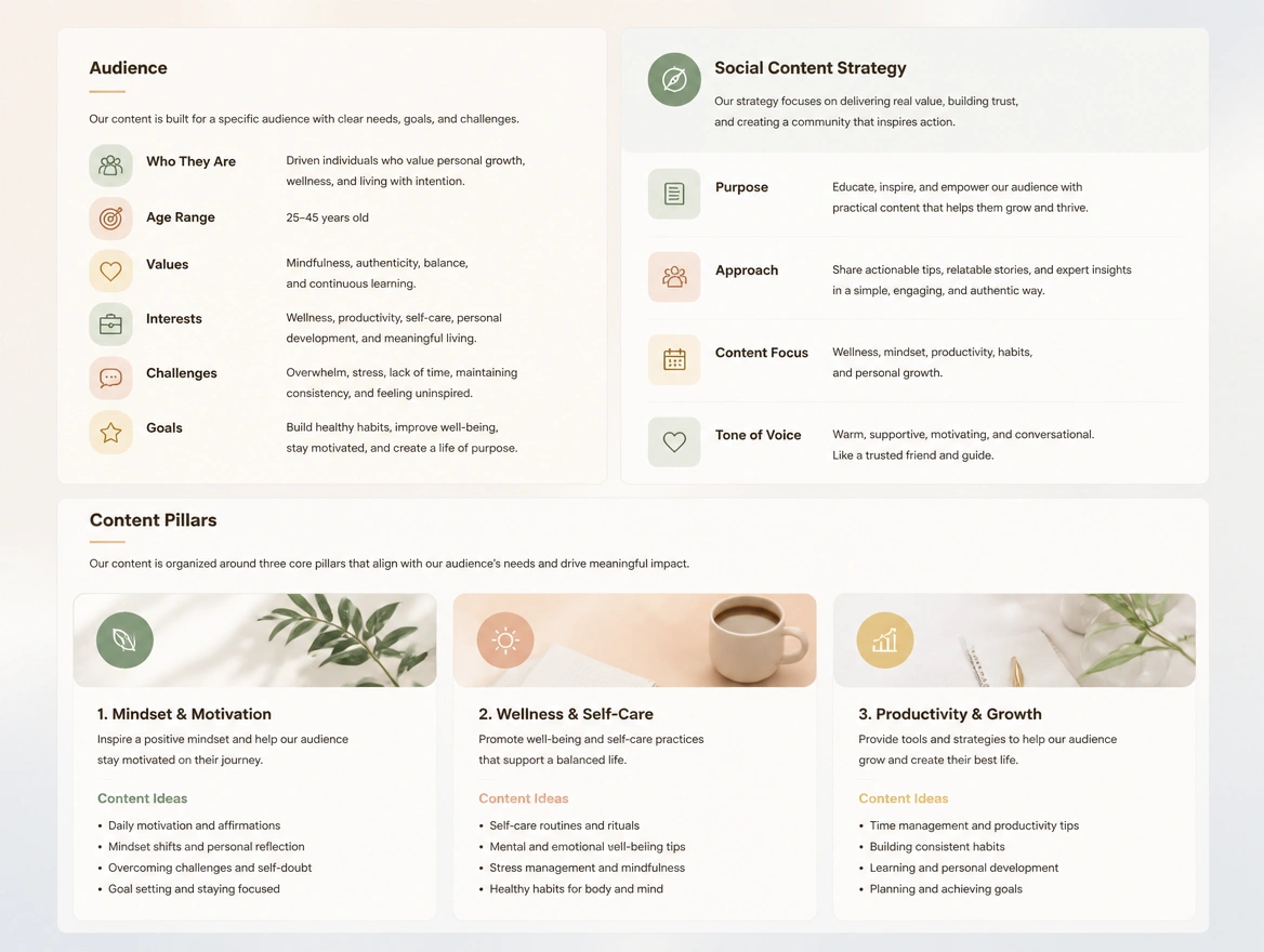 Website mockup showing the content plan