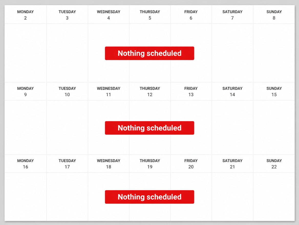 A posting calendar with three empty weeks and nothing scheduled