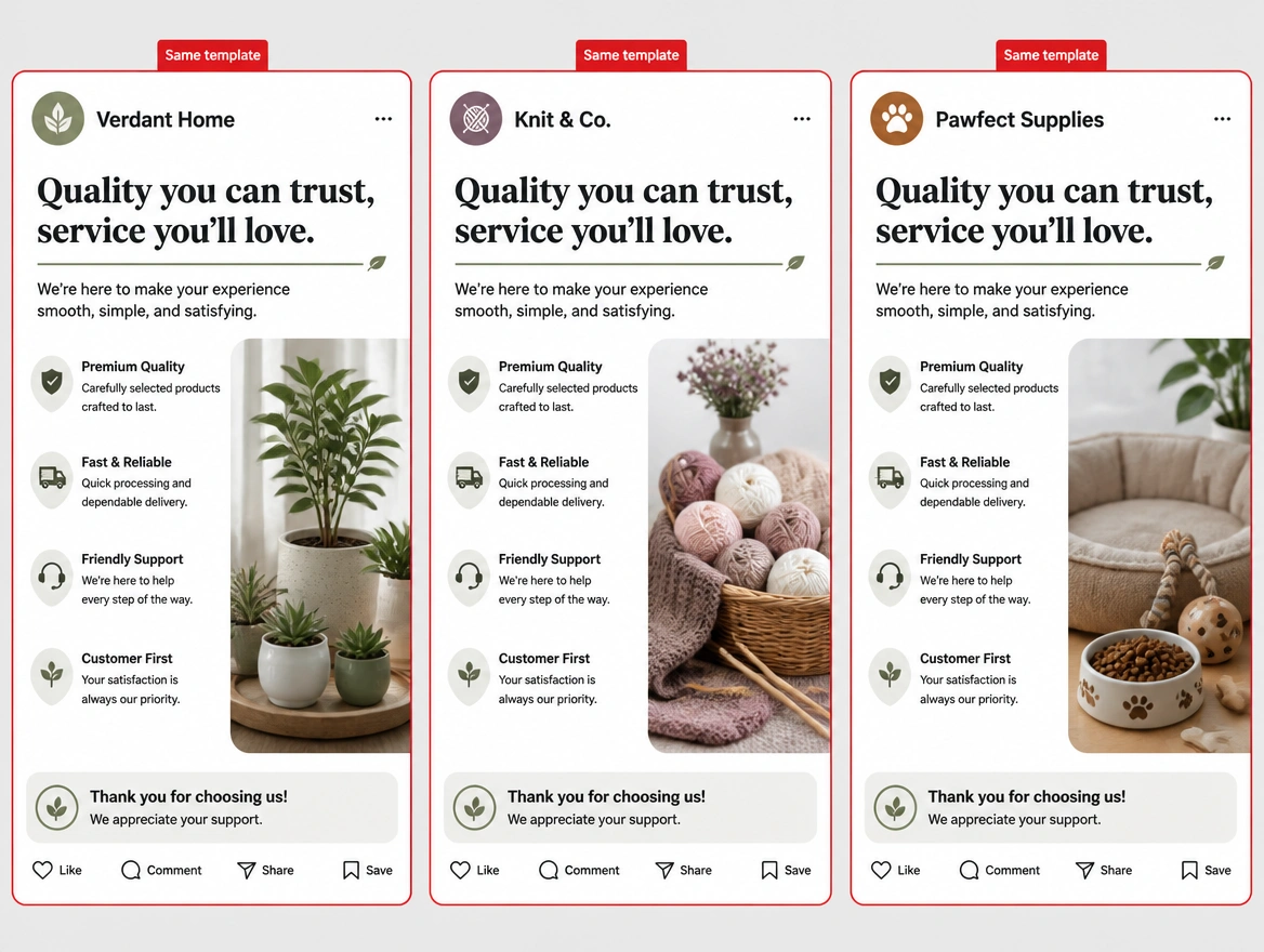 Three shops posting the same template design with the same wording