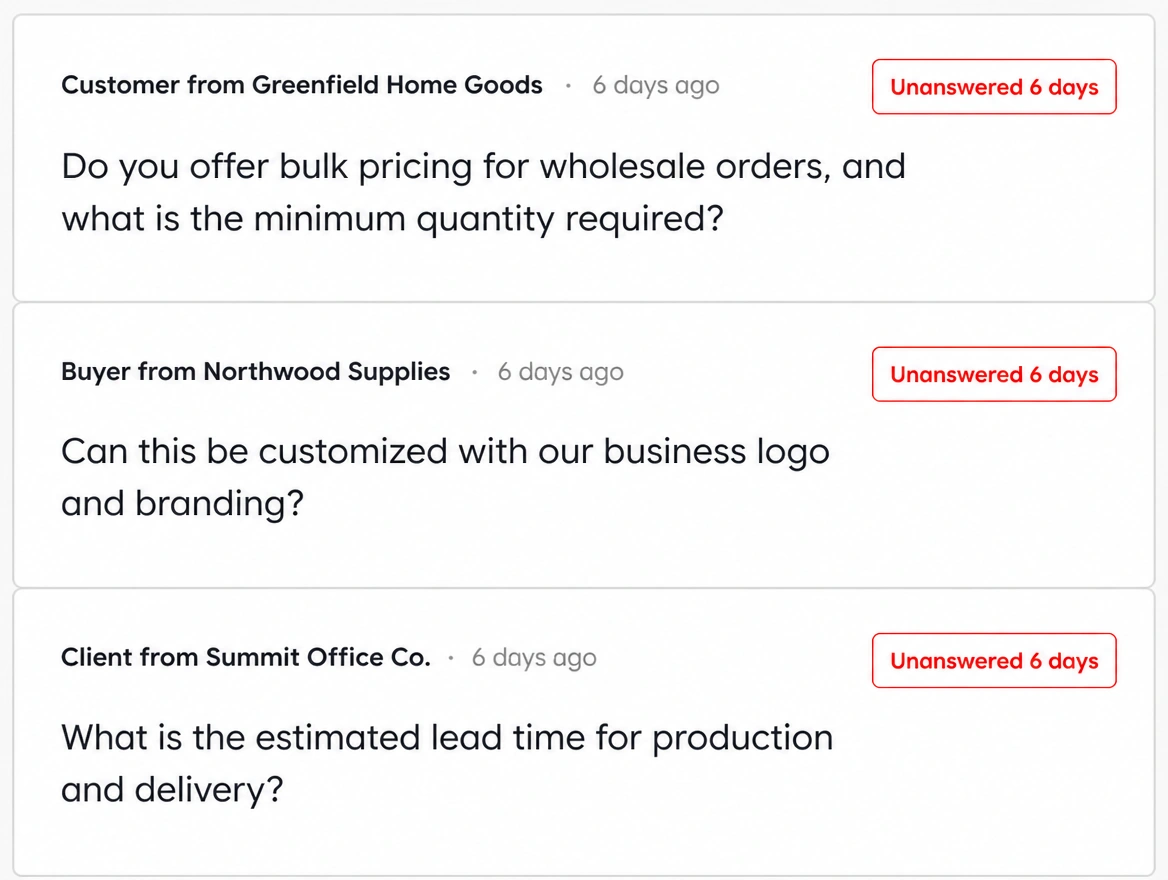 Three customer questions on a post, each one unanswered for six days