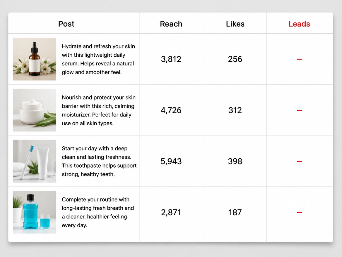 A table of published posts where the leads column is a dash on every row