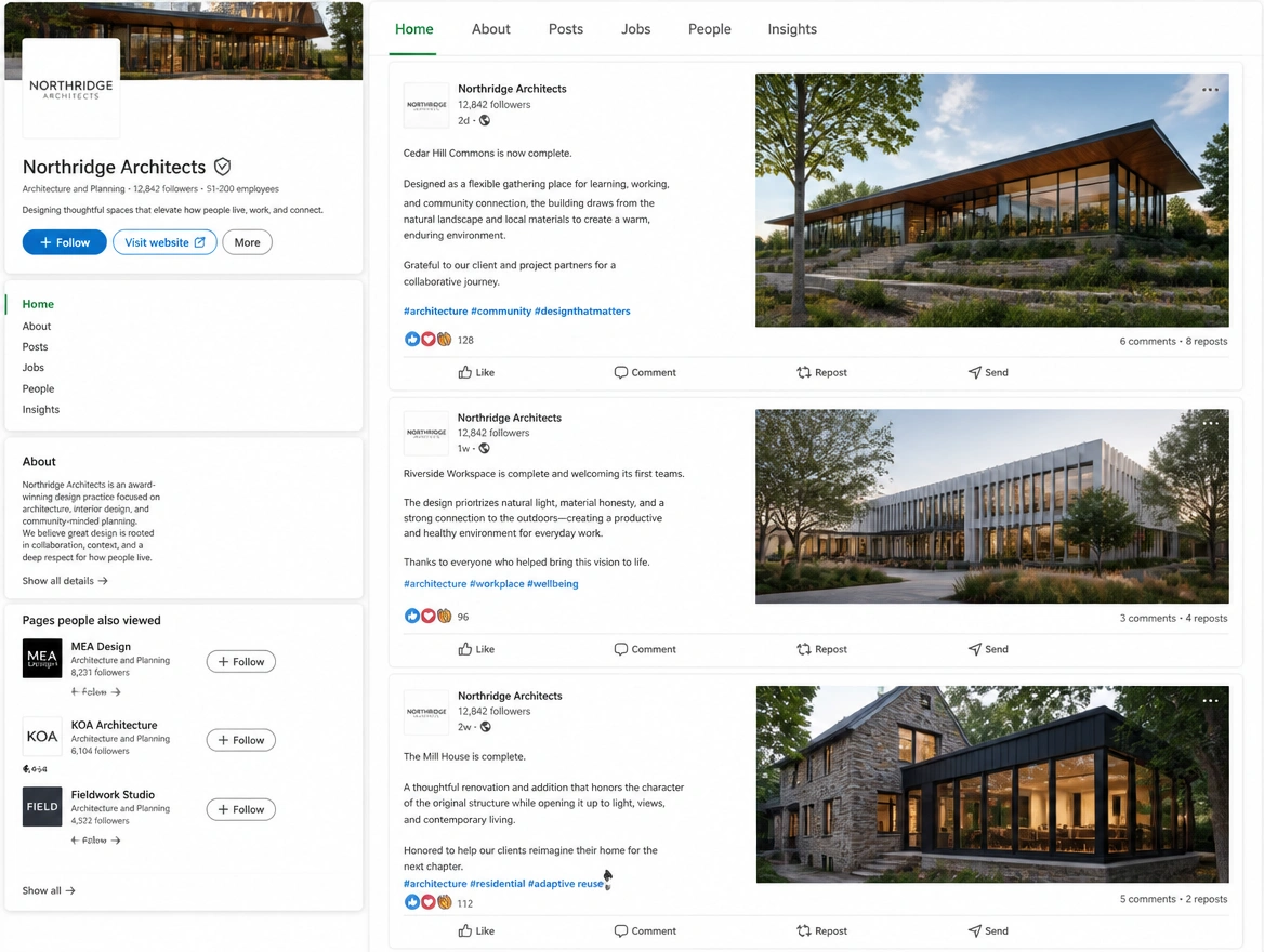 A LinkedIn company page showing three completed architecture projects