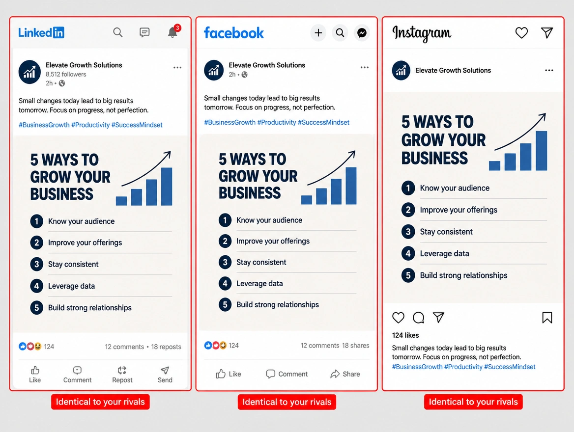 Three feeds carrying the same advice graphic, each flagged as identical to rivals