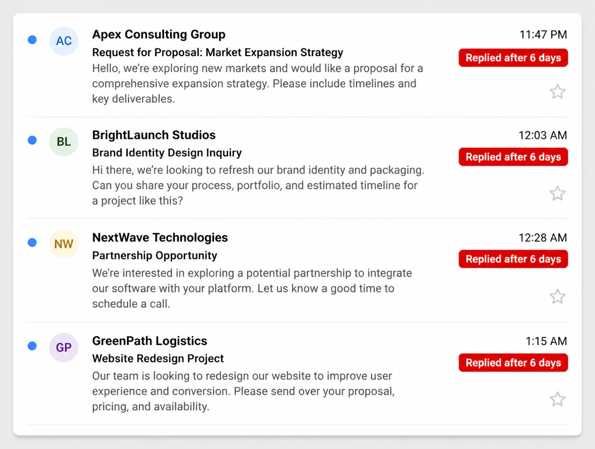 Four late night business messages each answered six days later, flagged in red