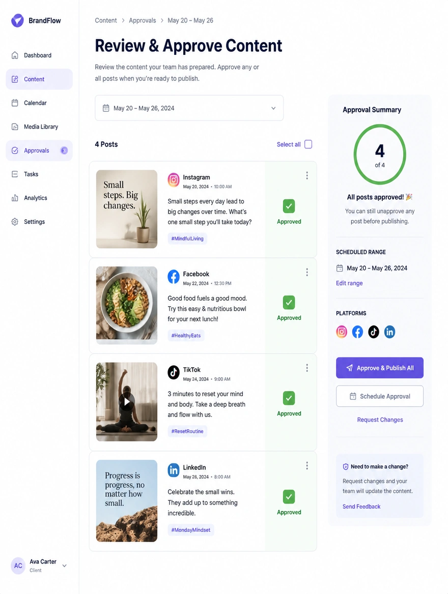 An approval screen where a client signs off drafts before publishing