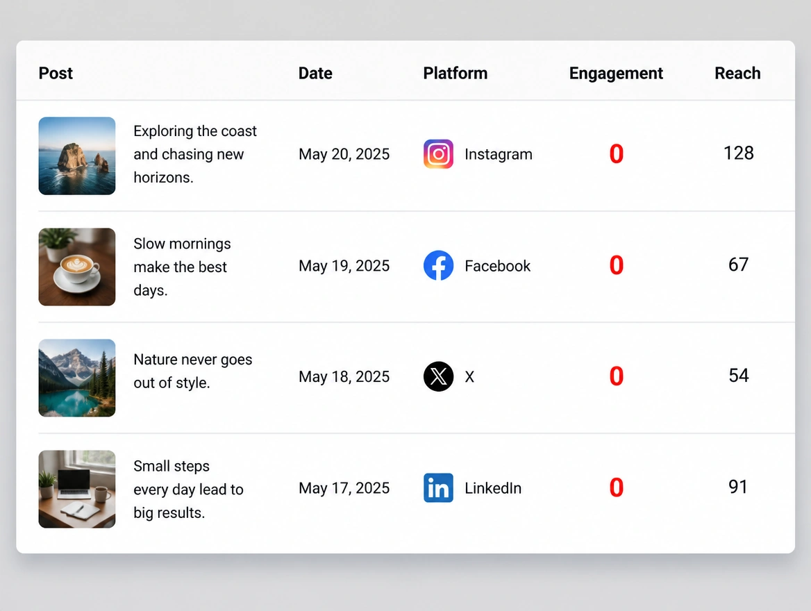 A post performance table showing zero engagement on every row