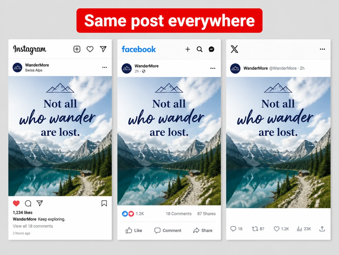 The identical post published across three different platforms