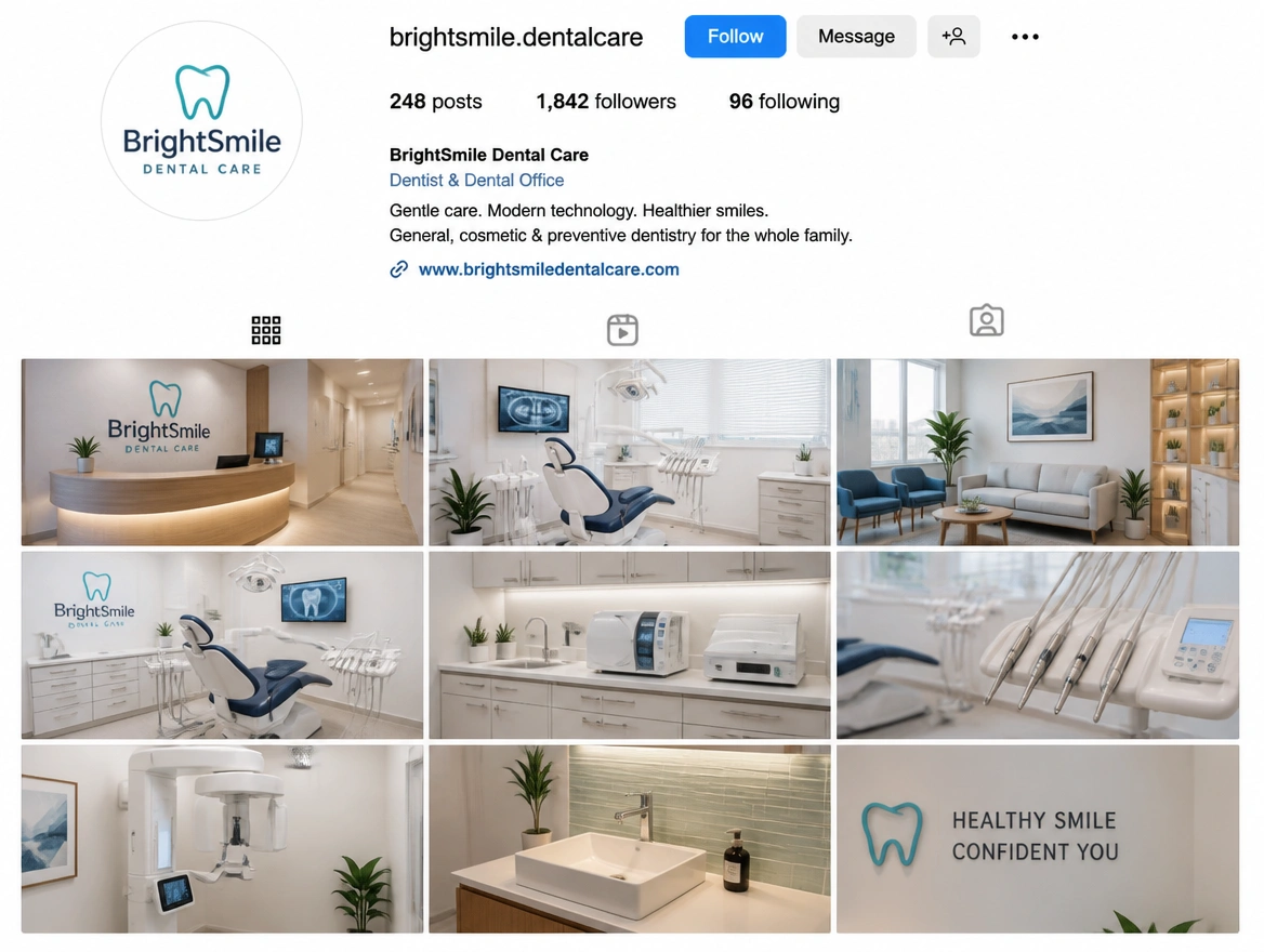 An Instagram business profile for a dental clinic with a full grid of clinic photographs