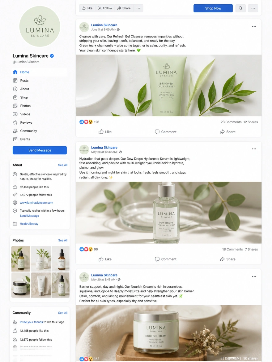 A Facebook page feed showing three skincare posts with written captions