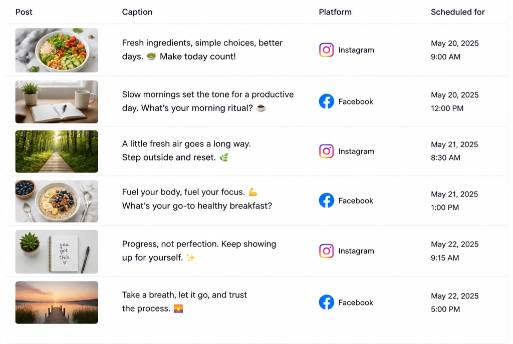 A publishing queue listing six posts with captions, platforms and scheduled times