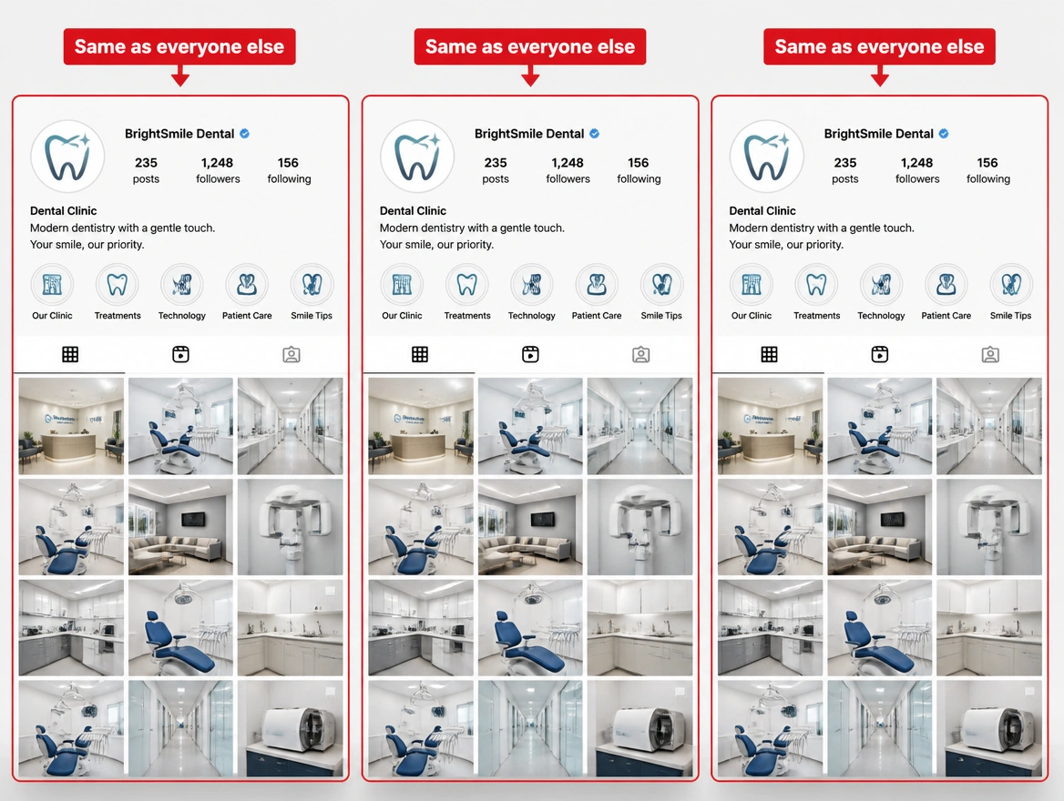 Three business profile grids that look identical, each flagged in red