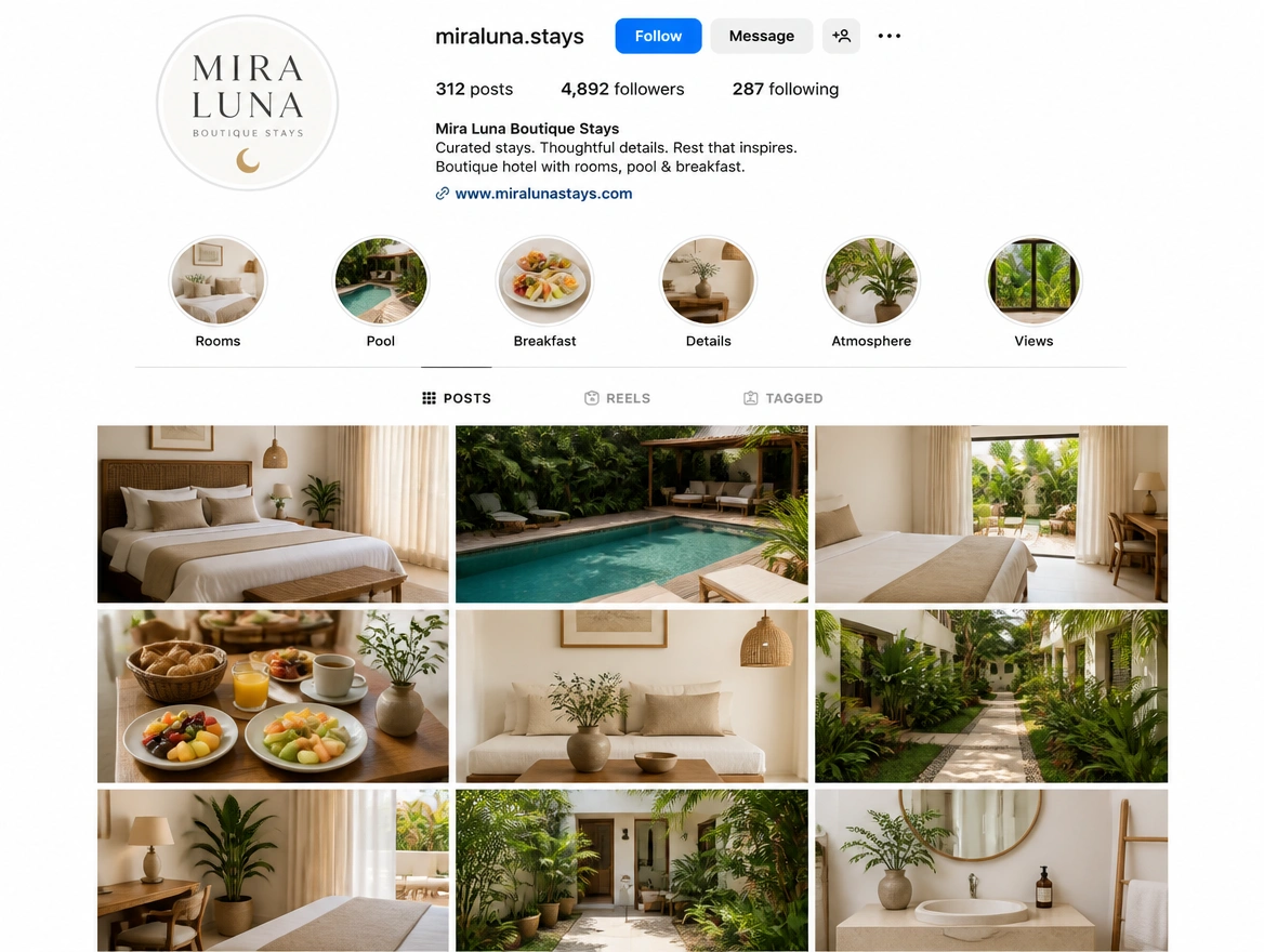 An Instagram profile for a boutique hotel showing rooms, pool and breakfast