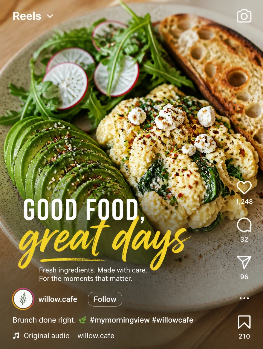 An Instagram Reel for a cafe with a large caption over a plate of food