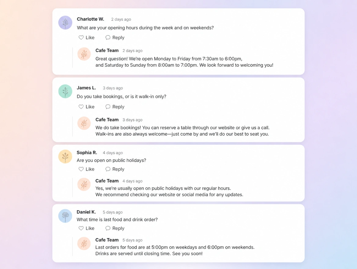 Website mockup showing replies and questions
