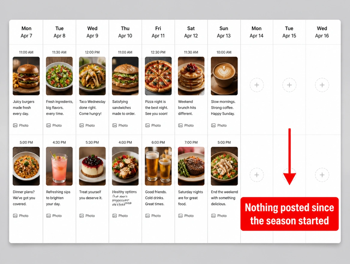 A restaurant posting calendar that stops the week the season starts, flagged in red
