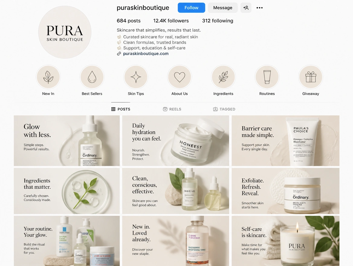 An Instagram profile grid for a skincare boutique with nine posts sharing one look