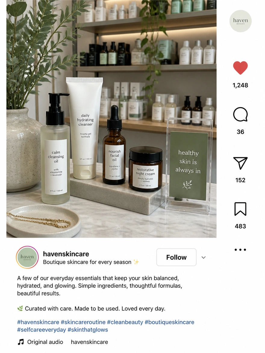 A short video post from a shop with likes, comments and shares listed beside it
