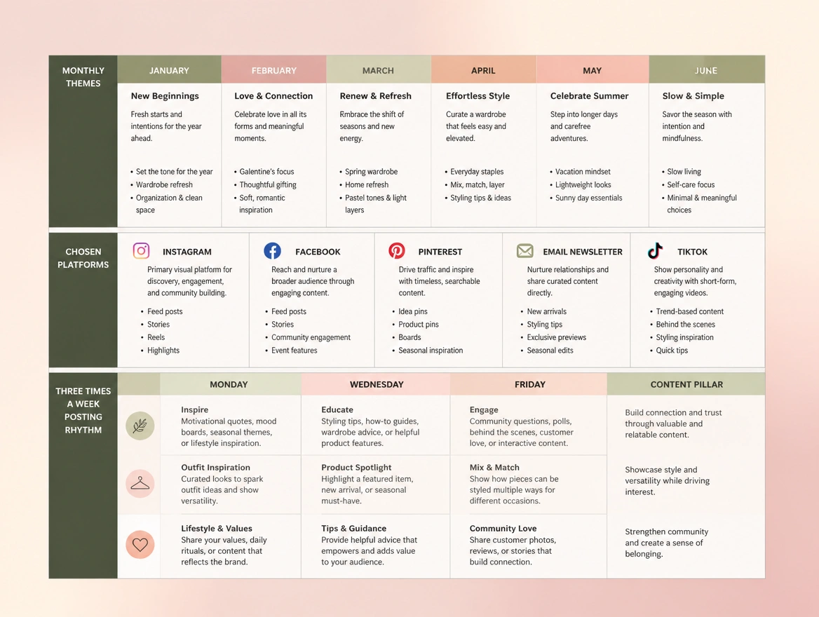 Website mockup showing content plan for the area