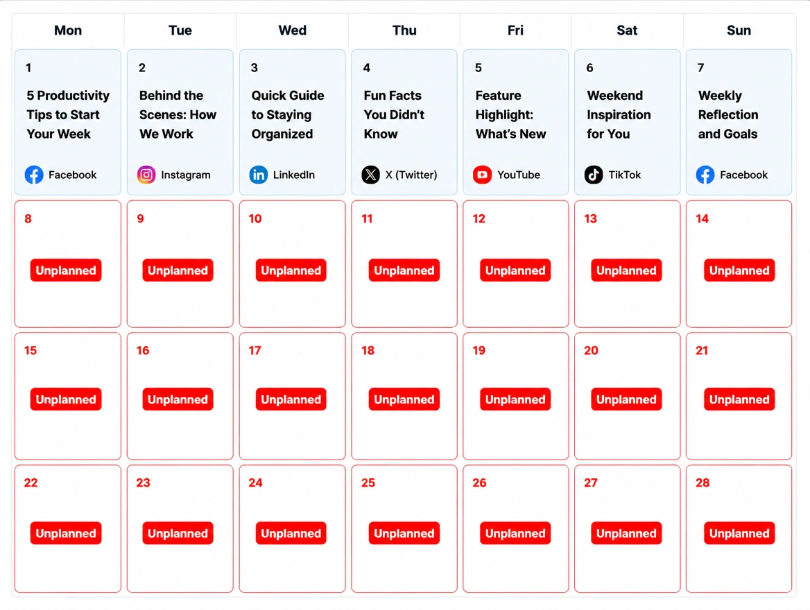A content calendar with one week filled and three empty weeks outlined in red