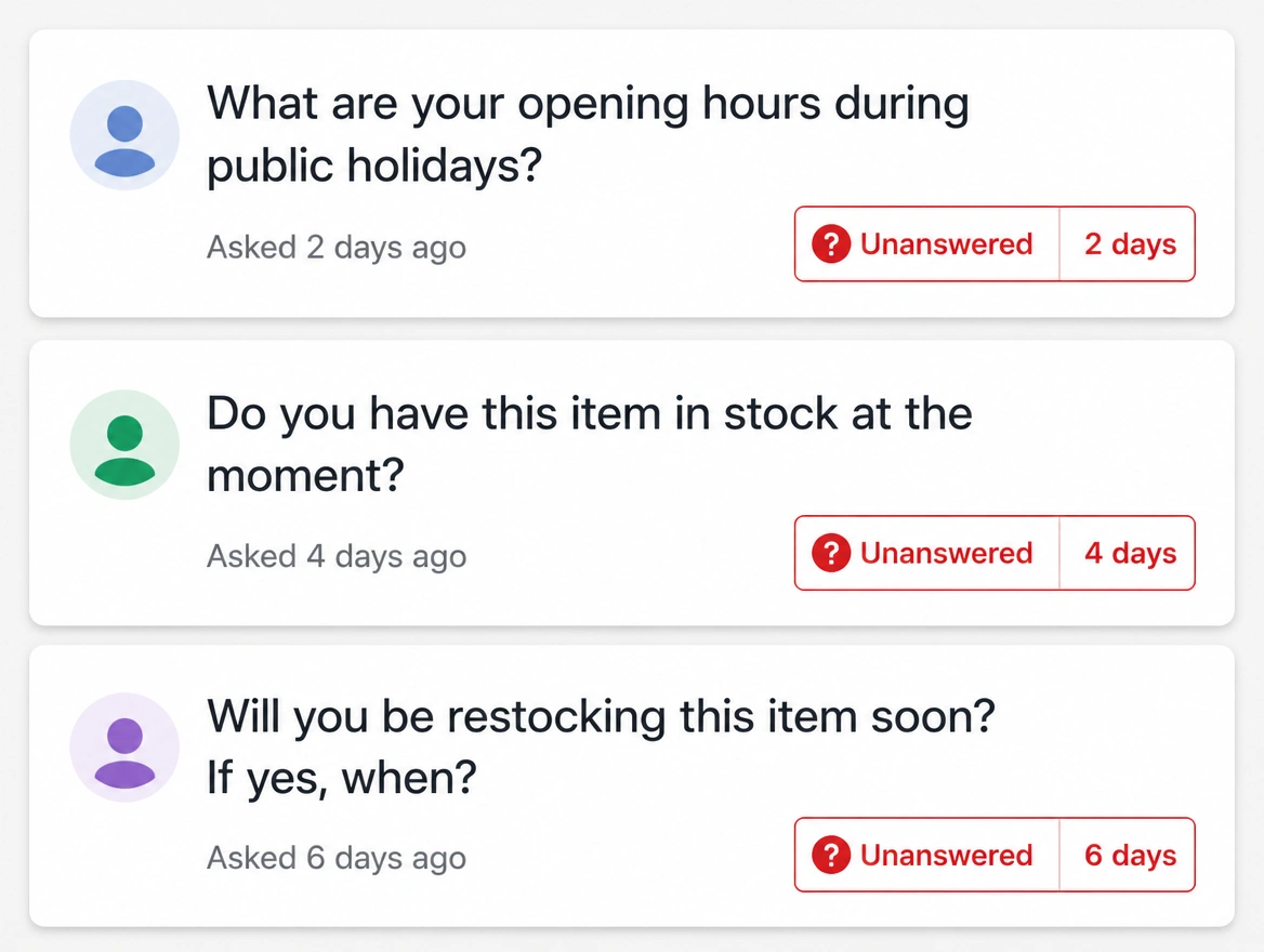 A comments thread where three customer questions are stamped in red as unanswered for days