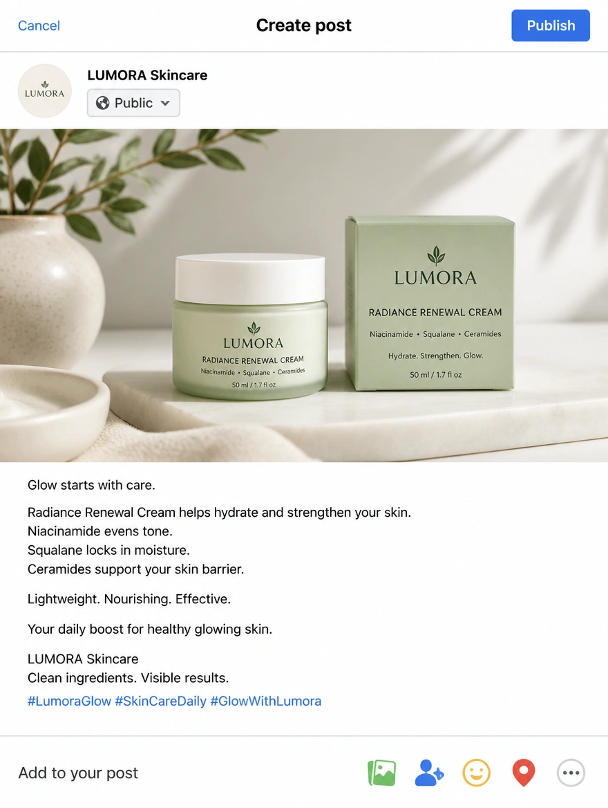 A social post composer with a skincare product photograph above the finished caption