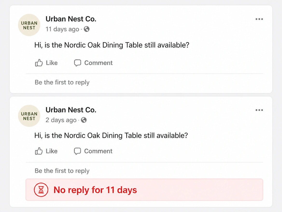 A comment thread where a customer asks twice and gets no reply for eleven days