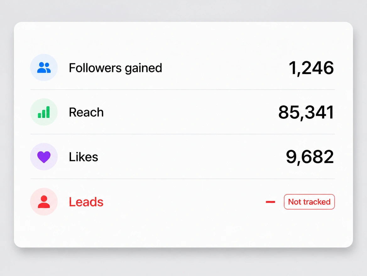 A monthly report counting followers and reach with the leads line left untracked