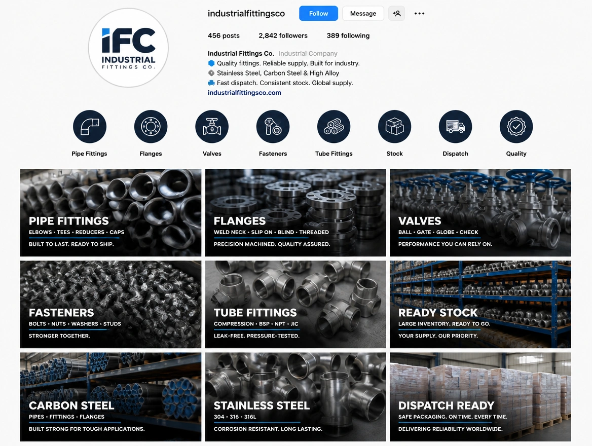 An Instagram business profile grid for a fittings supplier with nine posts in one consistent style