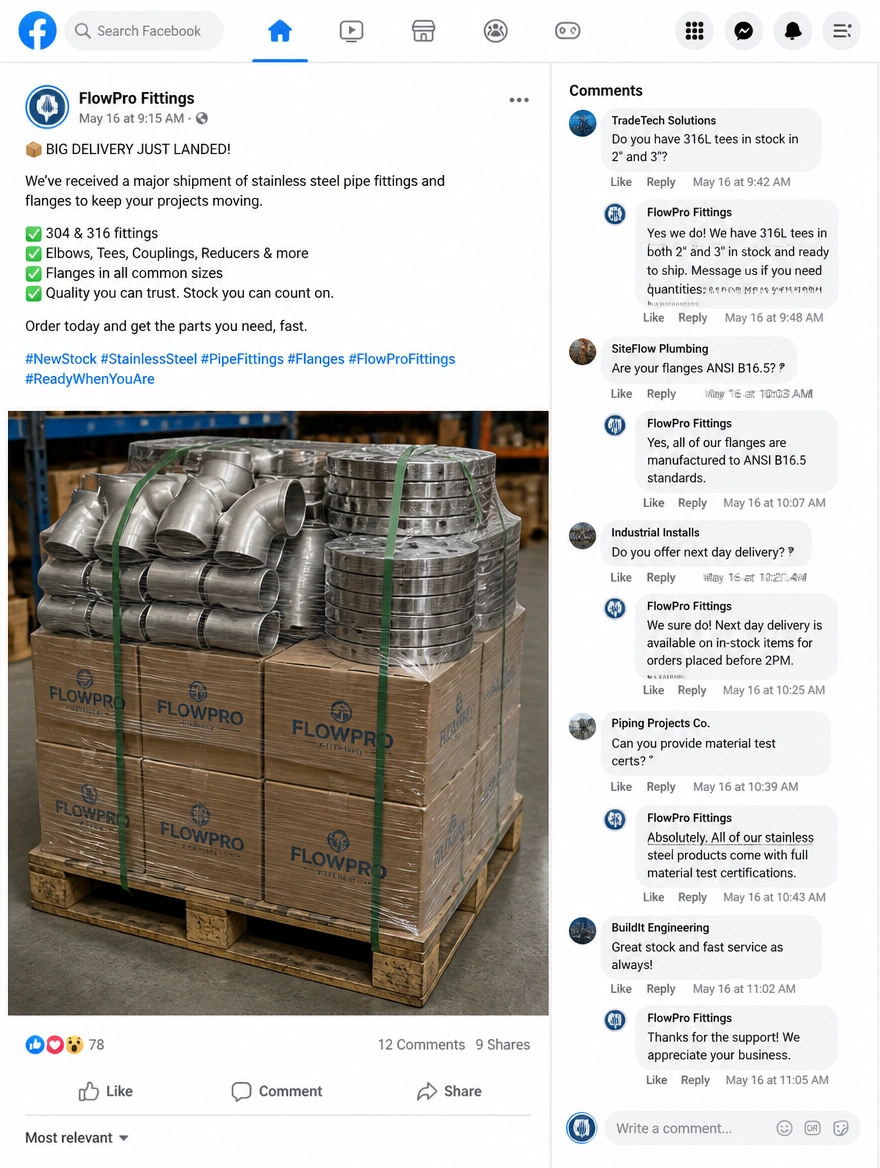 A supplier page post showing a loaded pallet with buyer comments answered underneath