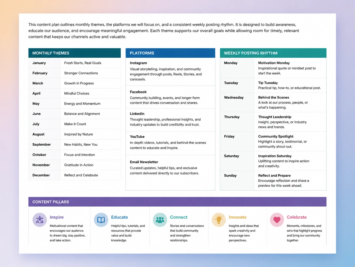 Website mockup showing content plan