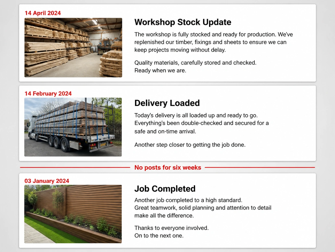 A profile posts list with only three entries, the six week gaps between them marked in red