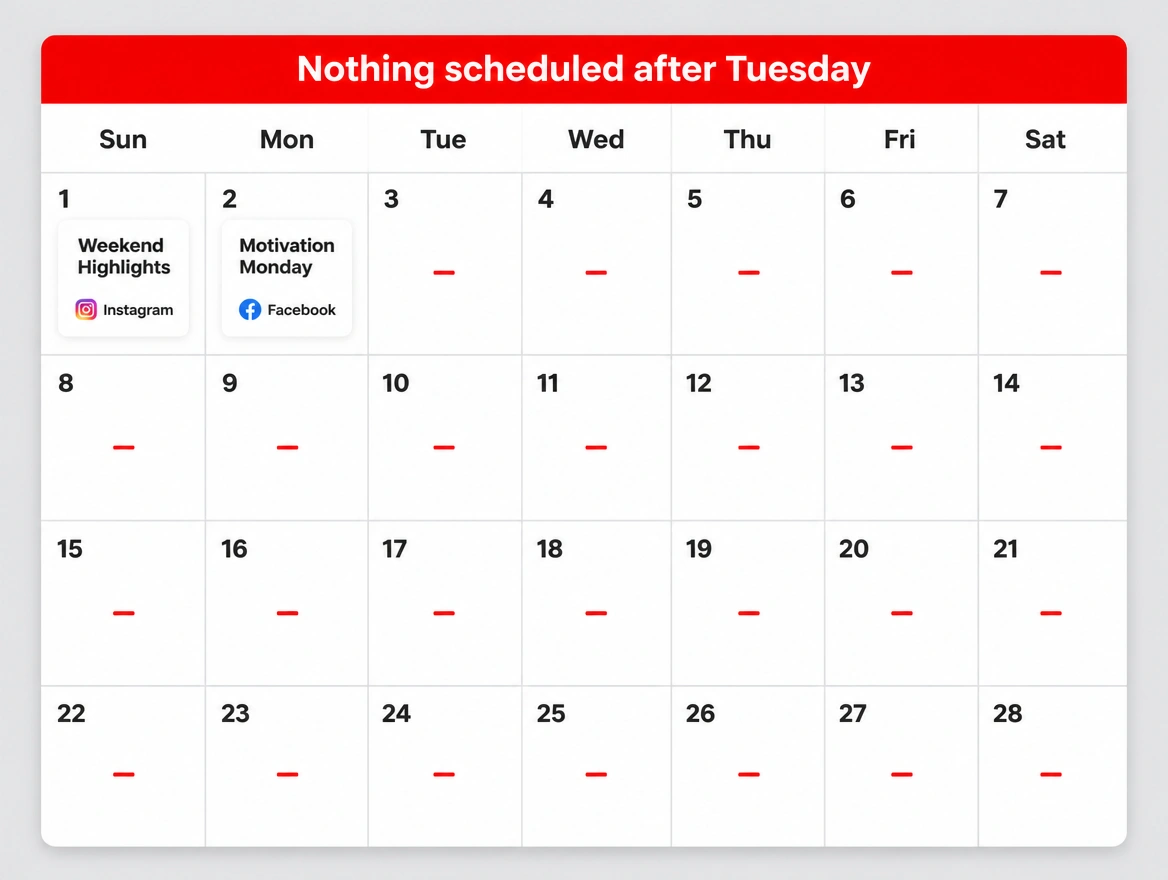 A monthly content calendar with every day empty and a red label reading nothing scheduled