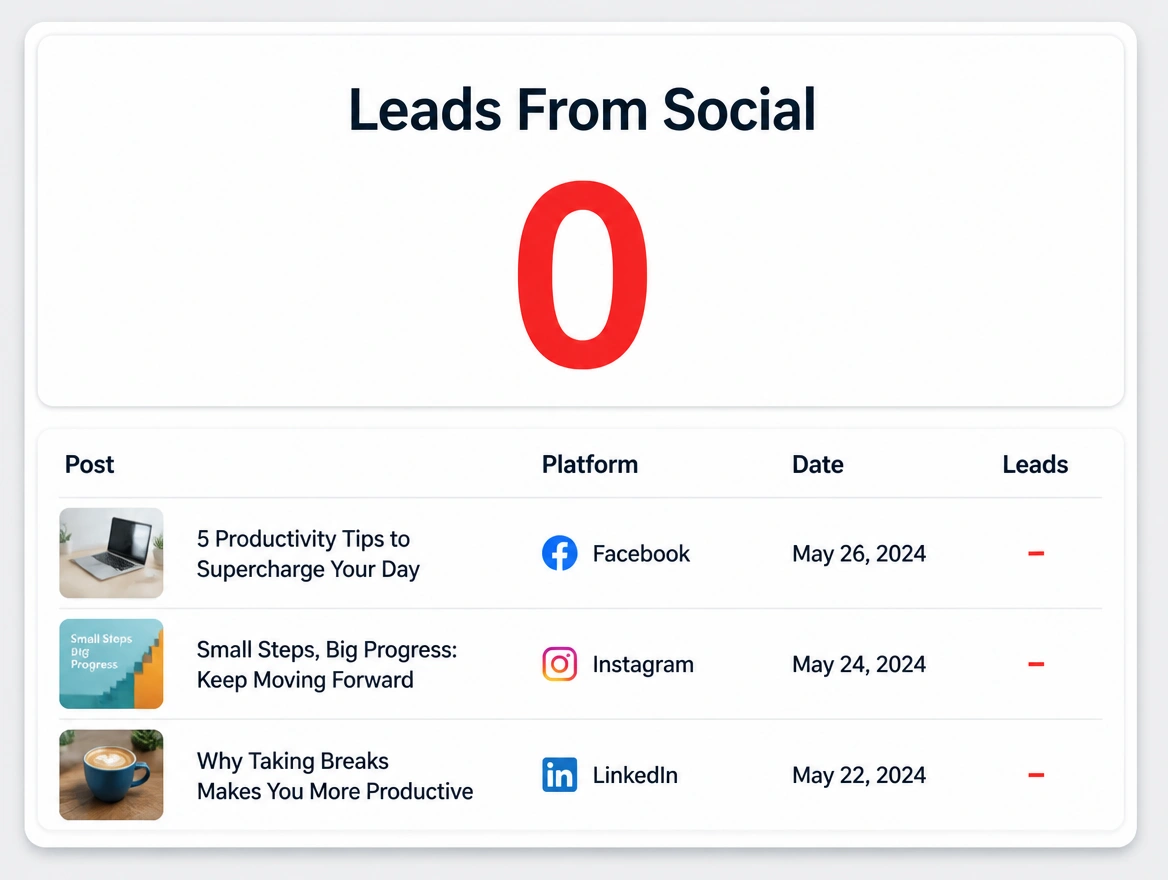 A social report showing a red zero for leads and a column of dashes