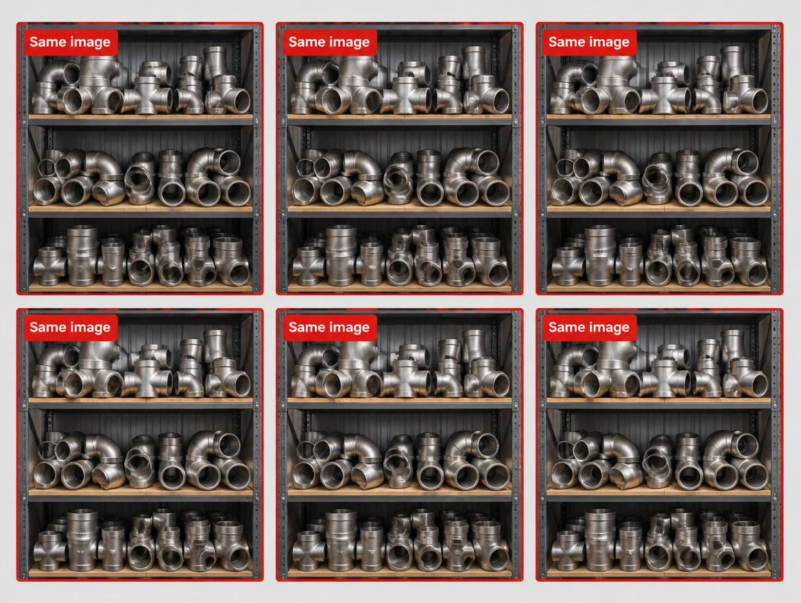 A profile grid where six posts use the identical stock photograph, each outlined in red