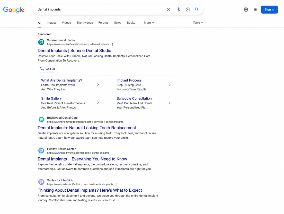 A search results page with a paid listing at the top for a buying search