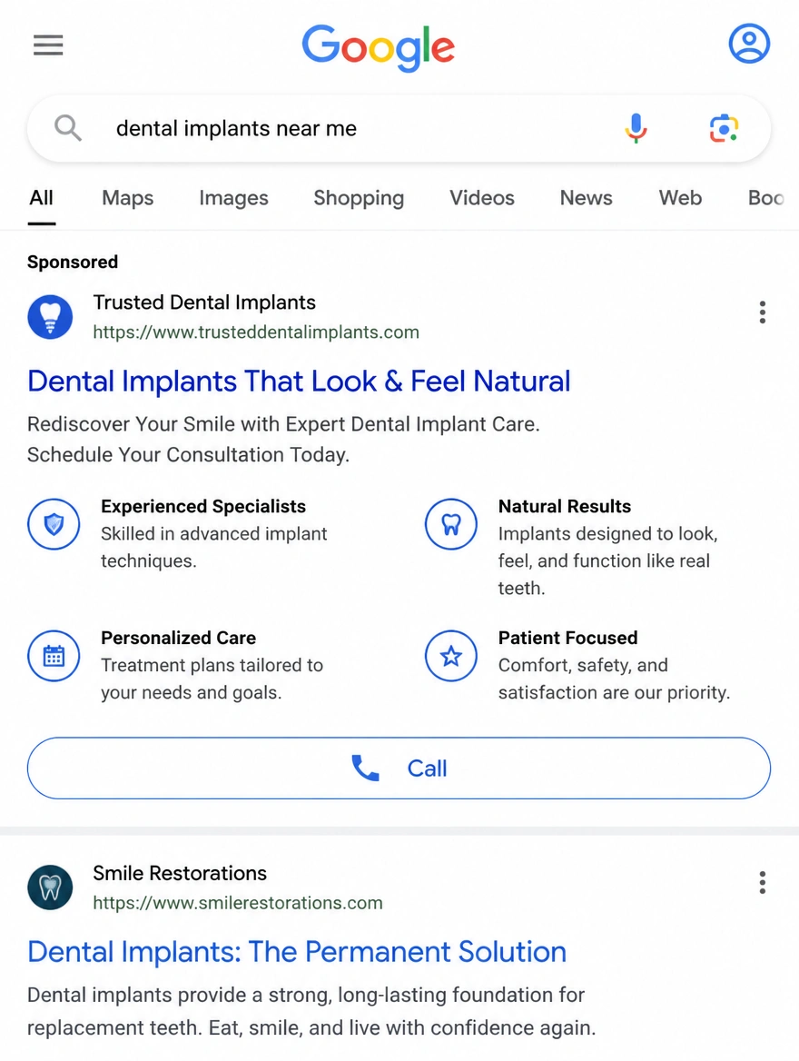 A search advert on a phone with a call button