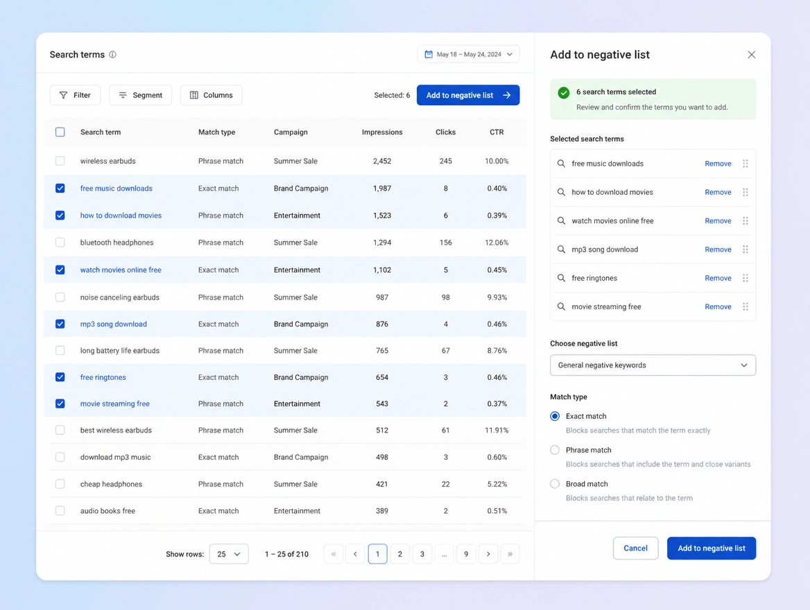Website mockup showing cleaning the search terms