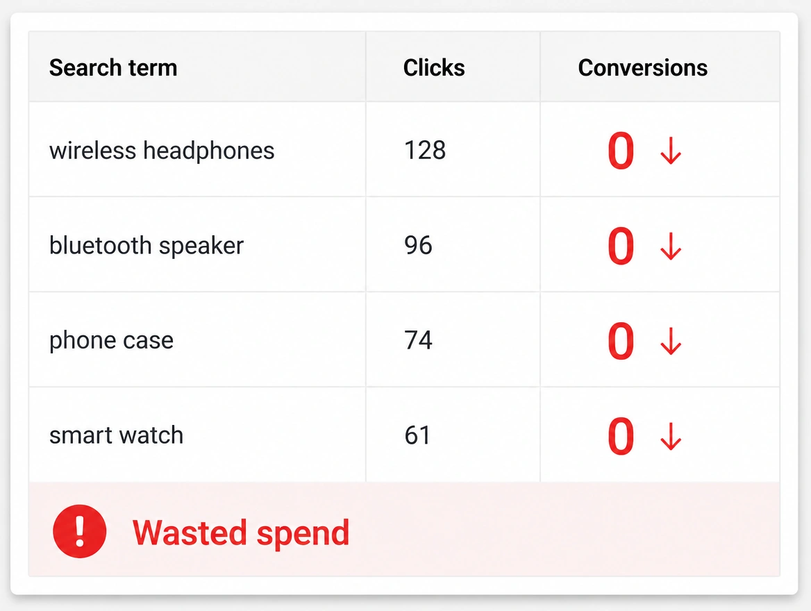 A search terms report where most of the spend sits on searches that never bought