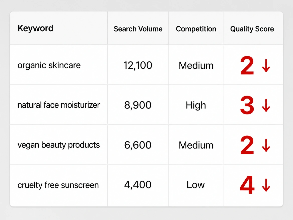 A keyword table with a low Quality Score column