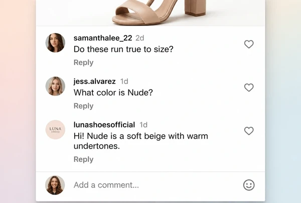 Three comments on a shoe boutique Instagram post, one answered by the business