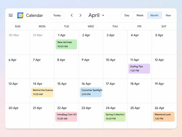A Google Calendar month with nine planned handbag brand posts spread evenly