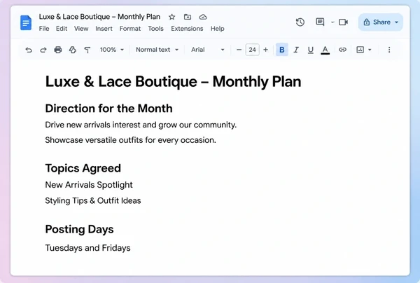 A Google Docs monthly plan for a fashion boutique with direction, topics and posting days