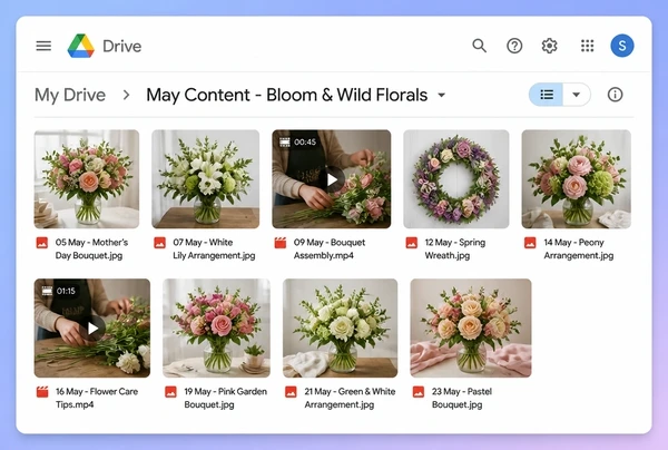 A Google Drive folder of florist photographs and video clips for the month