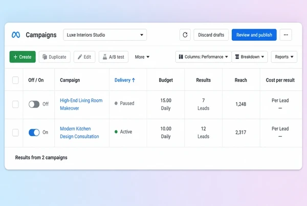 A Meta Ads Manager list with one paused and one active interior design studio campaign