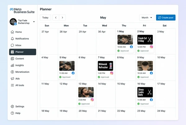A Meta Business Suite Planner month of approved scheduled posts for a barber shop